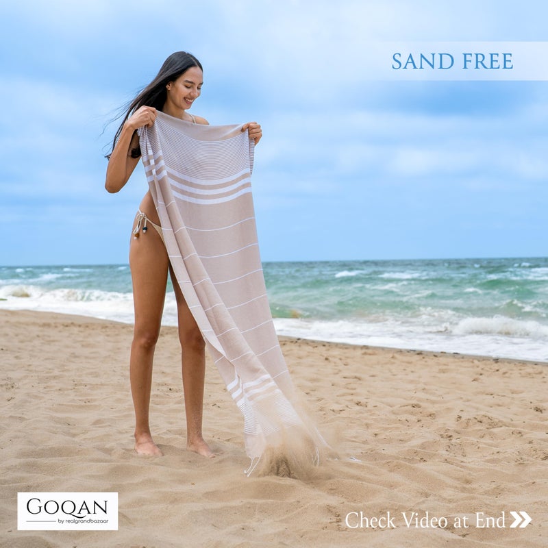realgrandbazaar GOQAN Turkish Beach Towel Oversized 39x71 | Thin, Lightweight, 100% Cotton and Sand Free Towel is Suitable for Beach, Bathroom, Pool, Travel & Swim - Beige - Image 3
